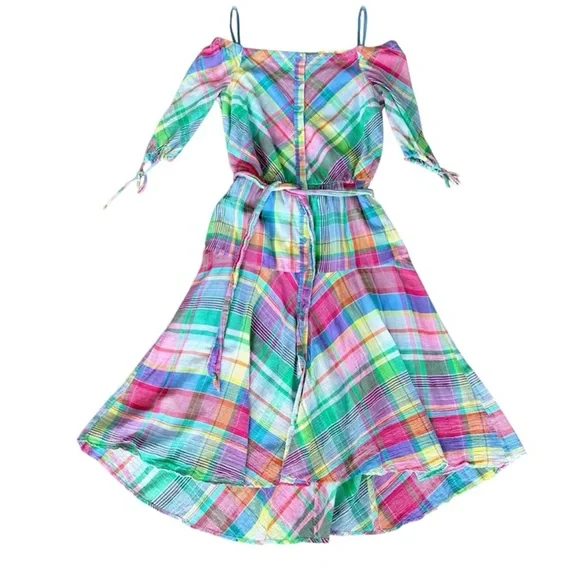 Lauren Ralph Lauren Plaid Off Shoulder Dress Multicolor Madras Plaid Dress 10 - Picture 2 of 16